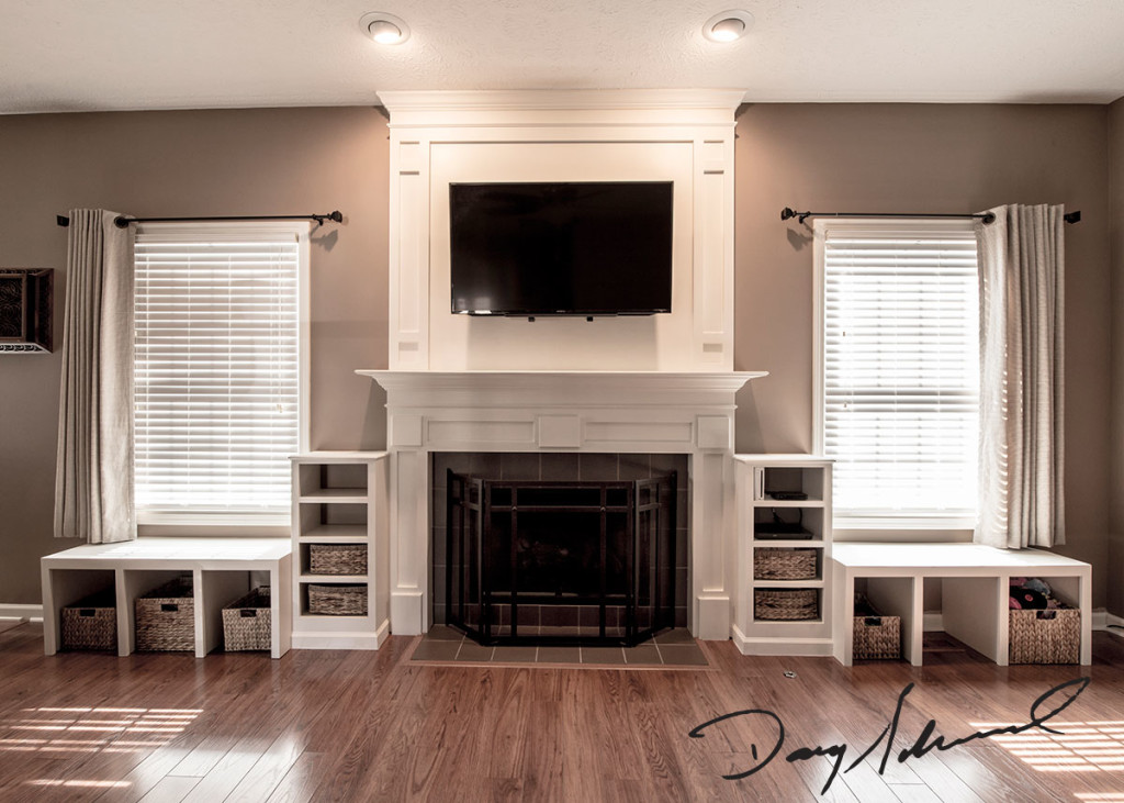 Innovative Fireplace Mantle with wall mounted television and custom storage